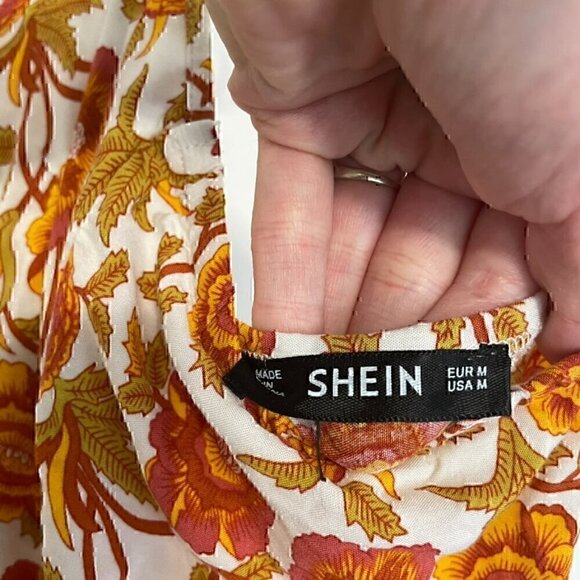 SHEIN White Orange Mustard Floral Border Print Boho Halter Dress ALTERED STRAPS - Picture 5 of 16
